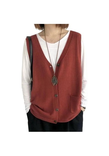 Kırmızı Kadın Örgü Yelek V Yaka Kolsuz Tek Sıralı Sıcak Yelek Düz Renk Bol Kesim Kırmızı