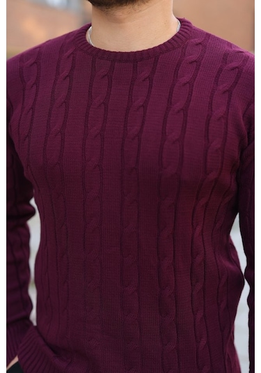 Erkek Örgü Desen Bisiklet Yaka Kazak Mürdüm