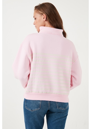 Lela Streç Oversize Fit Yarım Fermuarlı Dik Yaka Bayan Sweat 5865883 Şeker Pembe