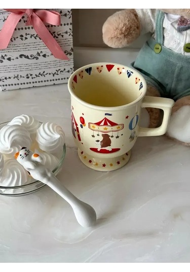 Neevoyu Seramik Kedi Şekilli Kadeh Ve Kaşık Seti, Askı Yüklü, Glaze Kaplama, 300 Ml, Beyaz, Kızlar İçin Hediye Beyaz