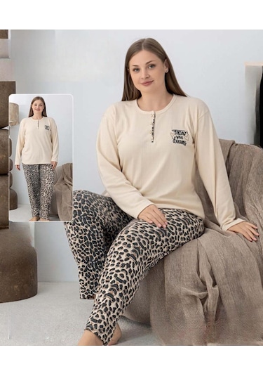 Lindros Kadın Pamuk'lu Düğme Yaka Raporlu İnterlok Kışlık Battal Pijama Takımı 05160 - 1 Adet Ekru