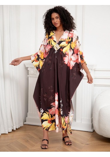 Edolynsa Şık Bohem Kadın Kaftan Kaftan Büyük Beden Ev Elbisesi Yarasa Kol Ev Giyim Mayo Örtüsü Ev Giyim Q1289 Çok Renkli