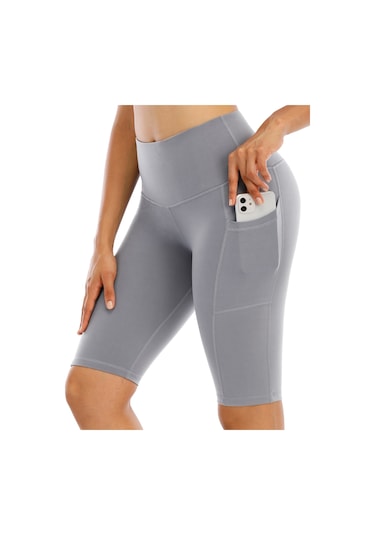 Beş Puan Spor Şort Kadın Yan Cebi Kalça Dar Ve Elastik Koşu Spor Sıcak Pantolon Yüksek Bel Yoga Şort Gri