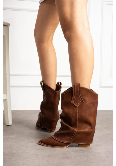 Shoetek Livinya Kadın Kovboy Bot Körüklü Mat Taba Deri Taba