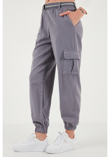 Lela Pamuklu Standart Fit Normal Bel Lastikli Paça Kemerli Jogger Bayan Pantolon 668Yp5045 Gri