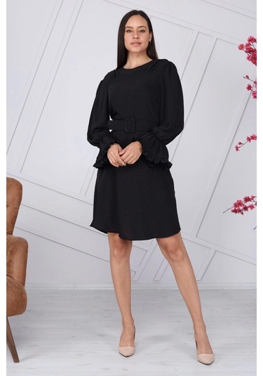 Apsen Kadın Siyah Kemer Detaylı Volan Kol Midi Elbise 4078-100 Siyah