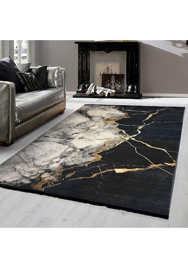 Dijital Kaymaz Yıkanabilir Gold Detaylı Modern Salon Halısı Mutfak Halısı Yolluk Balkon Halısı Gold