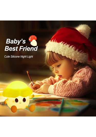 Çocuklar İçin Mantar Gece Işığı, Sevimli Silikon Gece Işığı, 7 Ayarlanabilir Renk Solunum Mantar Lambası Düz