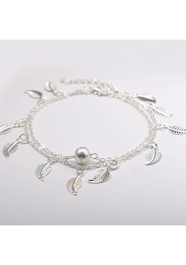 Gümüş Çift Katmanlı Yapraklar Charm Halhal Ayak Zinciri Yaz Kadın Sandal Ayak Bileği Bilezik Gümüş