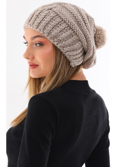 Kadın Kalın Taş Örgü Ponponlu Bere Taş