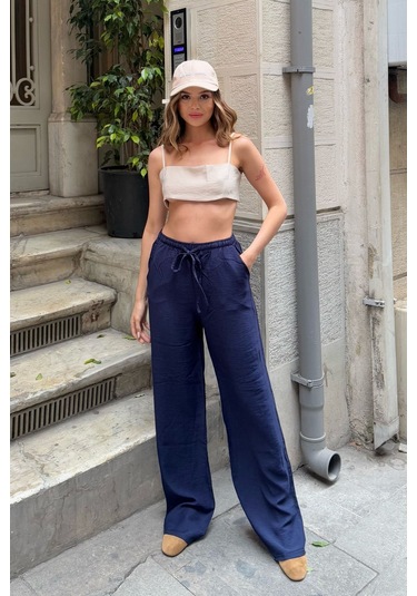 Pembe Keten Karışımlı Bol Kesim Pantolon Lacivert