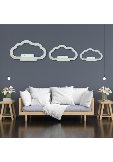3lü Uçan Bulut Dekoratif Beyaz Ahşap Duvar Rafı Çocuk Odası Salon Mutfak Duvar Dekor Raf Seti Diğer