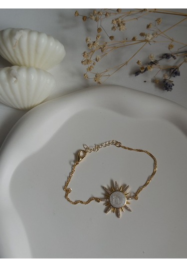 Handmade Pirinç Üzeri Altın Kaplama Güneş Beyaz Bileklik - Sunrise - White Sevgiliye Hediye