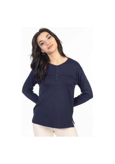 Yeni Sezon 2024 Sade Desen Yuvarlak Yaka Likralı Anne Penye Bluz 6484-lacivert Lacivert