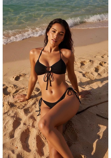 Angelsin Rib Dokulu Ön Ve Yan Bağcık Detaylı İpli Brezilya Bikini Takımı Siyah