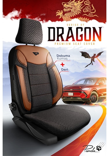 Siyah - Taba Garni Panda Dragon Serisi Dokuma Kumaş Oto Koltuk Kılıfı - Tam Set