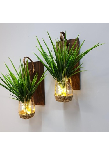 Duvar Dekoru, Led Işıklı, Yeşil Çimen Bitki, Ceviz Aplik İkili Set