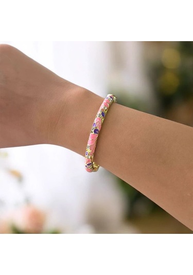 Pembe Mor Yaprak Desenli Mineli Çelik Bilezik Gold