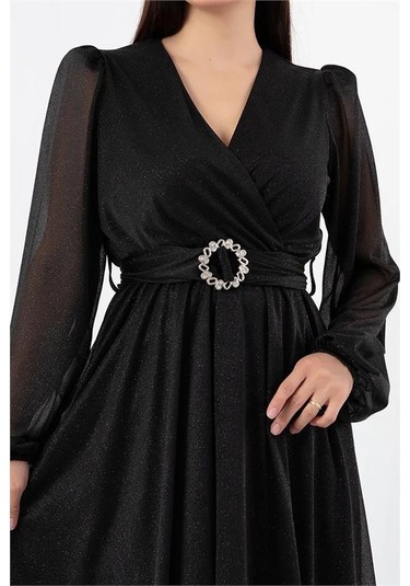 Neşeli Butik Kadın Kemer Ve Vatka Detaylı Simli Midi Elbise Rymy3590 Siyah