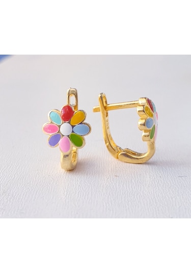 Rengarenk Mineli Klipsli Çiçekli Papatyalı Gümüş Çocuk Küpesi