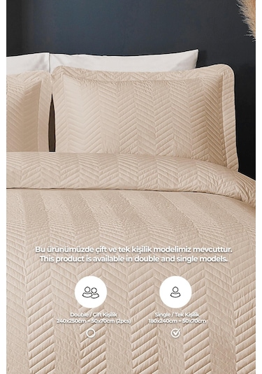 Evlen Home Ross %100 Pamuk Tek Kişilik Yatak Örtüsü Pike Takımı Kapitone Çizgili Günlük Yıkanabilir Bej Bej