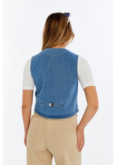 Kadın Denim Yelek Şık Düğmeli Jean Yelek, Günlük Ve Casual Kombin Açık Mavi