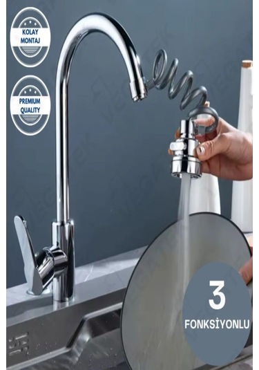 3 Fonksiyonlu Hortumlu Musluk Ucu Gri