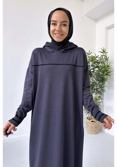 Kapüşonlu Merserize Elbise - Füme