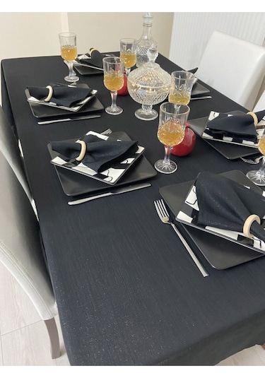 Keten Görünümlü Simli Begonvil Masa Örtüsü Siyah 25 Parça