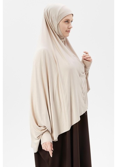 Kollu Sufle Çarşaf Üstü Peçeli Pratik Tesettür Hijab - Nikaplı Namaz Örtüsü Koyu Krem