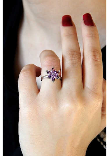 925 Ayar Gümüş Mor Lotus Çiçeği Yüzük - 34023300