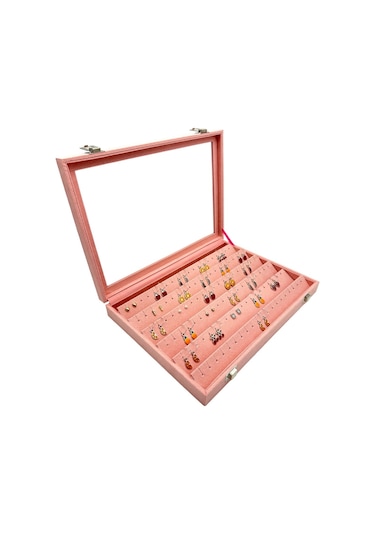 Camlı Küpe Koleksiyon Kutusu Süet Pembe