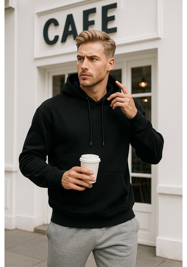 Rich Erkek Siyah Pamuklu Cep Detaylı Kapüşonlu Sweatshirt Siyah