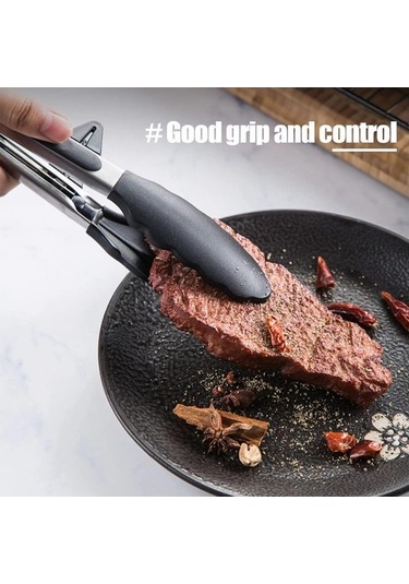 Novahub Paslanmaz Çelik 3'lü Mutfak Maşası Seti - 23cm Bbq, Makarna Ve Salata İçin Siyah, Kenar Silikonlu Siyah