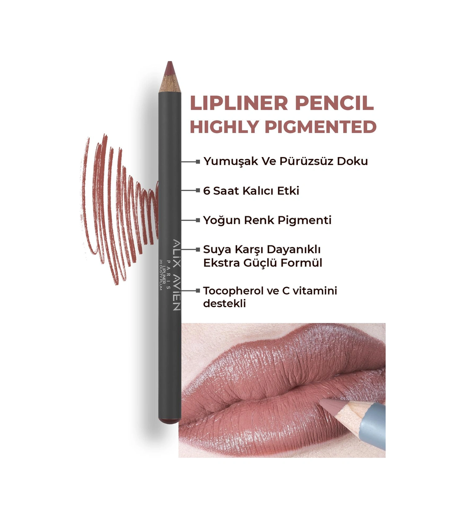 Alix Avien Uzun Süre Kalıcı Dağılma Yapmayan Nemlendirici Dudak Kalemi Lipliner Pencil 20 Dusty Plum