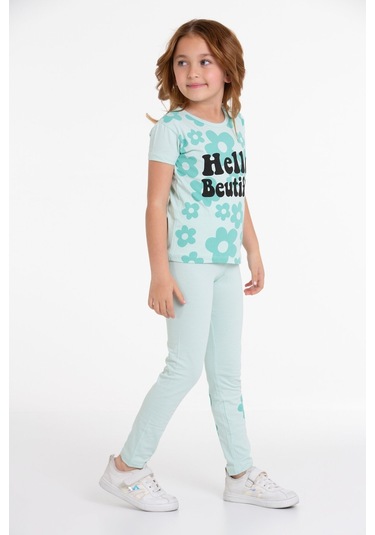 Açık Mavi Papatya Hello Beatiful Baskılı 4-12 Yaş Takım 2050-3 Açık Mavi