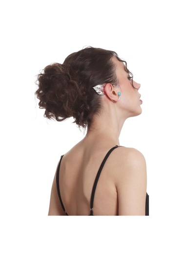 Kadın Gümüş Renk Lak Kaplama Taşlı Dokulu Yaprak Stilizesi Sağ Kulak Earcuff & Kıkırdak Küpe Çok Renkli