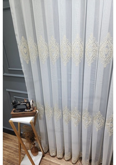 Tül Perde Farbateks Dikim Örme Çizgi Yeni Model Tasarım Renk Desen 3kat Sık Pileli Tül Perde Gold-sarı