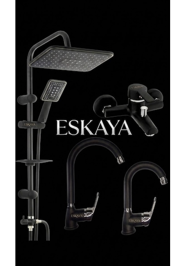 Eshome Siyah Krom 4lü Full Set Robot Duş Banyo Bataryası Banyo Lavabo Ve Mutfak Eviye Musluğu