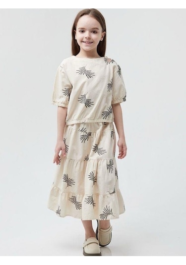 Kız Çocuk Pamuklu Omuz Pencereli Nakışlı Bluz-13814-bej Bej