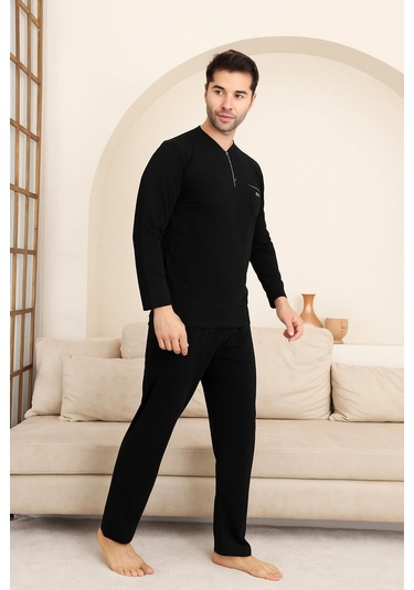 Erkek Siyah Bisiklet Yaka 3 Düğmeli Göğüs Cepli Pamuk Likra Mevsimlik Uzun Kol Cepli Pijama Takımı Siyah
