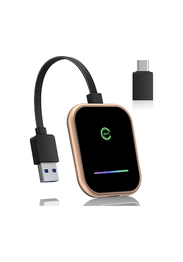 Vkemall Kablosuz Carplay/android Auto Dönüştürücü, 2-in-1 Araç Kablosuz Adaptörü, Navigasyon, Müzik, Ses Asistanı, Plug & Play - Gül Altını