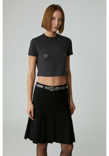 GRIMELANGE Lavıva Kadın Kısa Fermuar Detaylı Siyah Etek Siyah