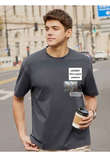 Füme Oversize Journey Baskılı T-shirt - Oversize Baskılı Gri