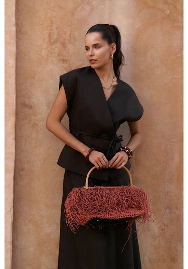 Fiametta Salaş Acı Kahve Keten Yelek Etek Takım Acı Kahverengi