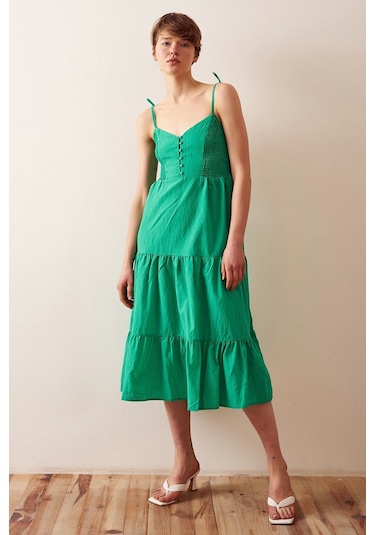 Sırtı Büzgülü Askılı Elbise Yeşil