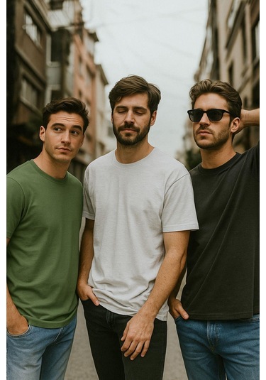 Erkek 3lü Paket Antrasit Melanj-beyaz-yeşil Pamuklu Oversize Tişört Bisiklet Yaka Kısa Kollu T-shirt Yeşil