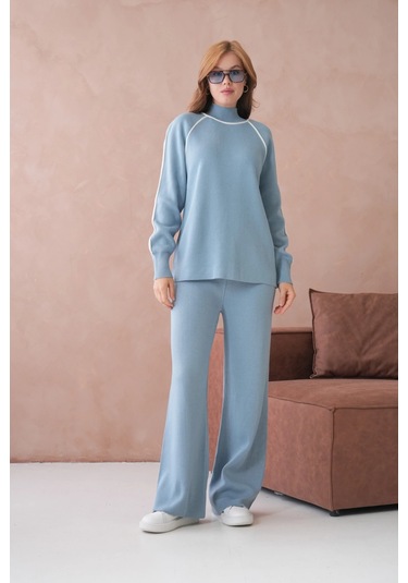 Kadın Dik Yaka Kazak Pantolon İkili Triko Takım Açık Mavi