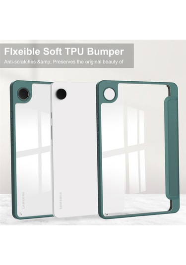 Youtek Samsung Galaxy Tab A9 8.7" Kılıf - A9 Plus 11" Uyumlu, Kalem Bölmeli, Uyandırma Fonksiyonlu, Üç Katlı Şeffaf Koruyucu Kılıf Koyu Yeşil