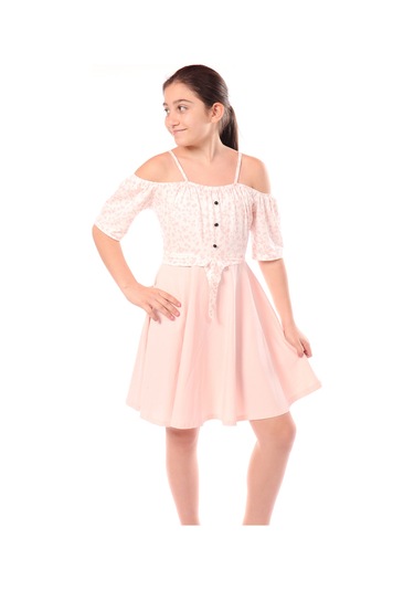 Toontoy Kız Çocuk Leopar Desenli Askılı Elbise Pudra